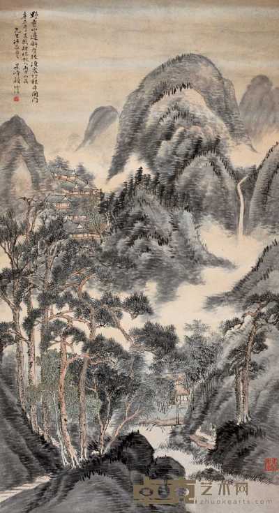 顾坤伯 辛未（1931年）作 雨中山 镜心 149×81cm